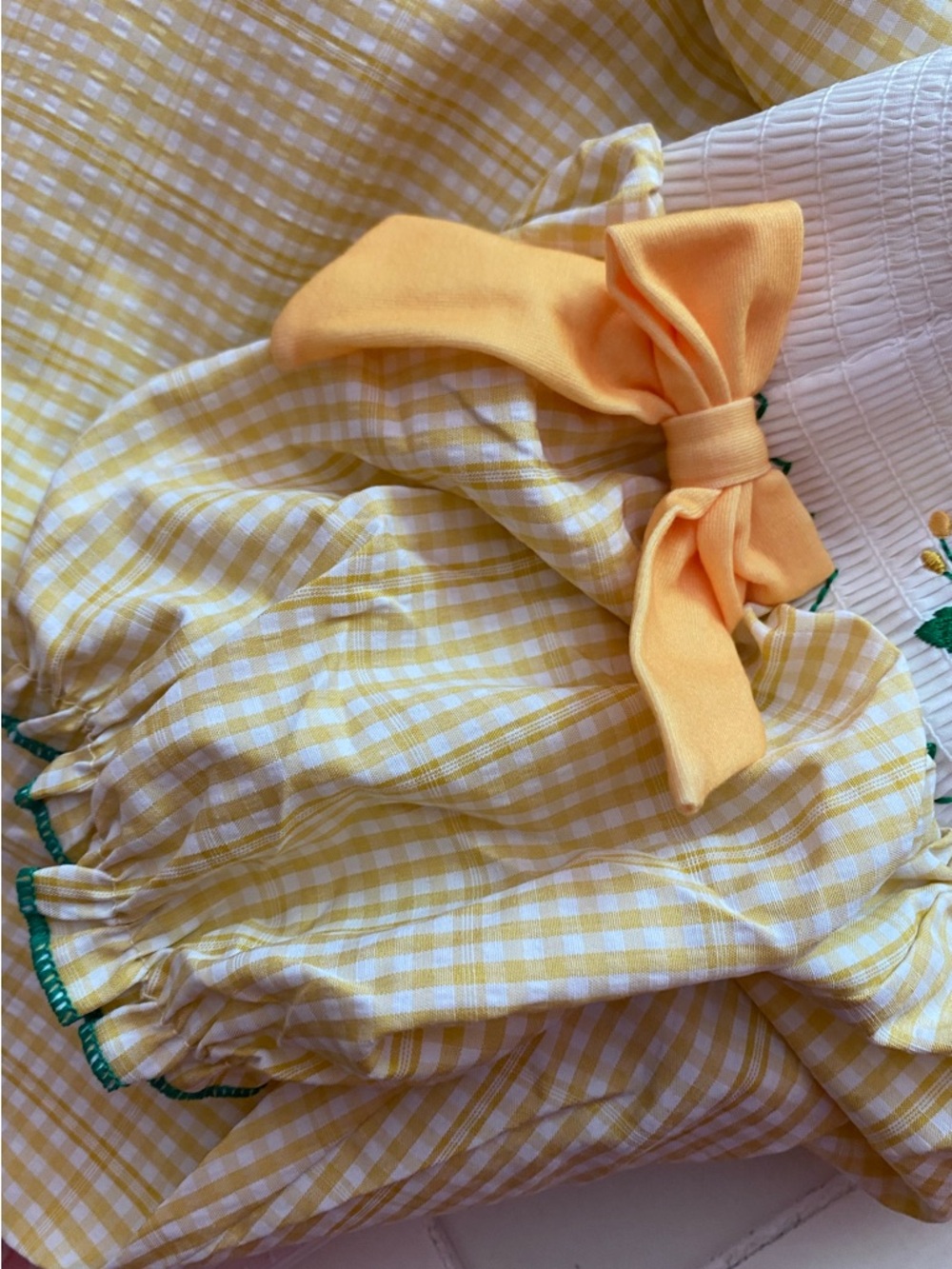 Rylee Faith Designs Yellow Gingham Sunflower Smocked Dress Green Trim NWT Sz 5 - Picture 10 of 10